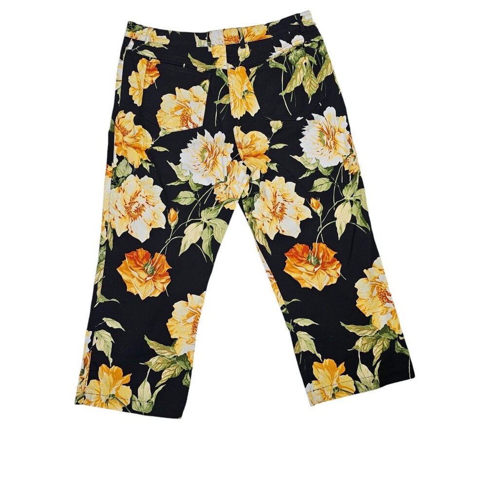 St. John Sport Rose Floral Capri Pants Size 12 Black Yellow - Picture 2 of 11